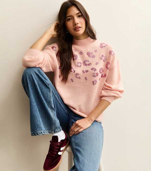 new look Pink Sequin Animal Motif Mock Neck Jumper