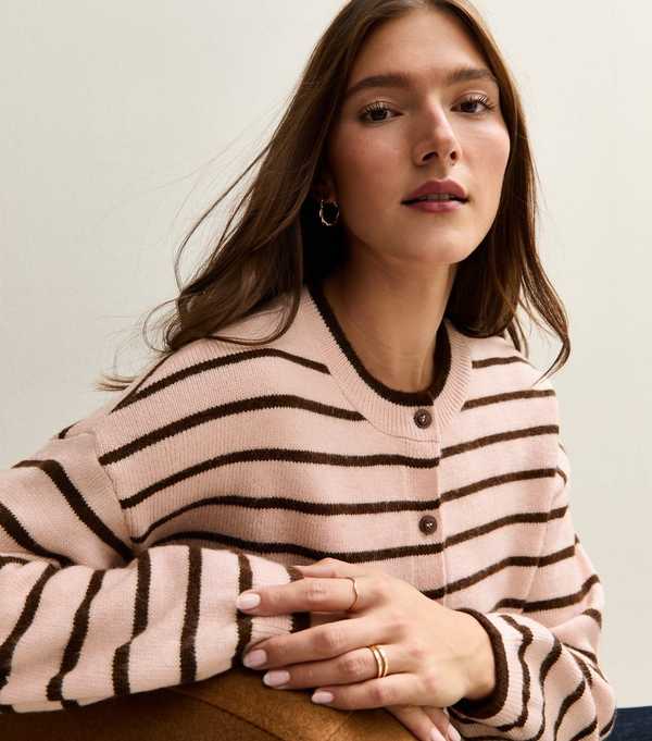 New Look Pink Striped Crew Neck Cardigan