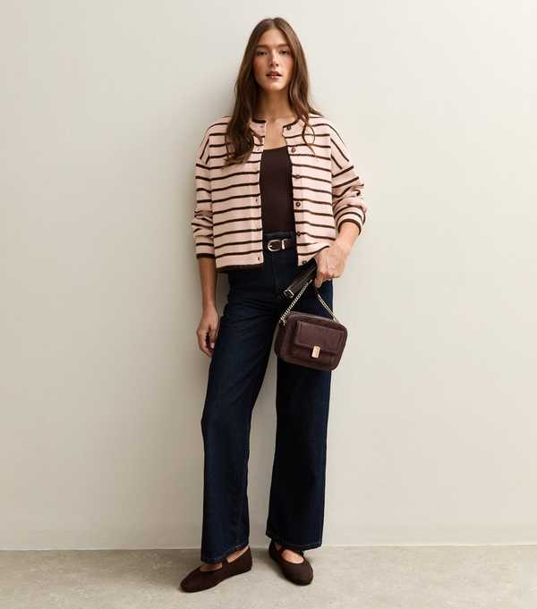 New Look Pink Striped Crew Neck Cardigan