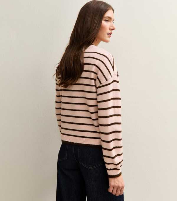 New Look Pink Striped Crew Neck Cardigan