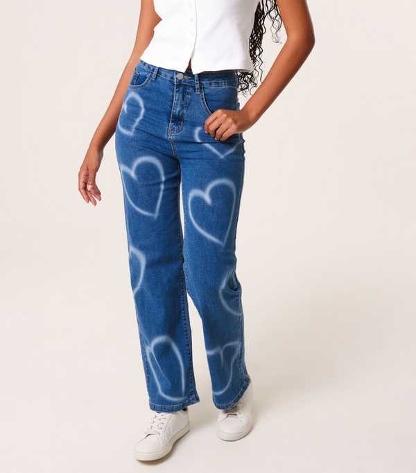 New Look Pink Vanilla Dark Blue Spray Heart Jeans