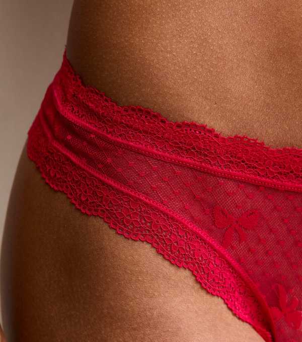 New Look Red Bow Embroidered Mesh Lace Trim Thong