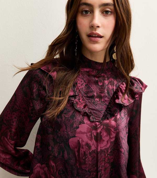 new look Red Floral Print High Neck Blouse