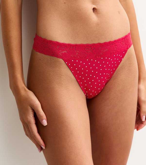New Look Red Heart Print Lace Top Thong