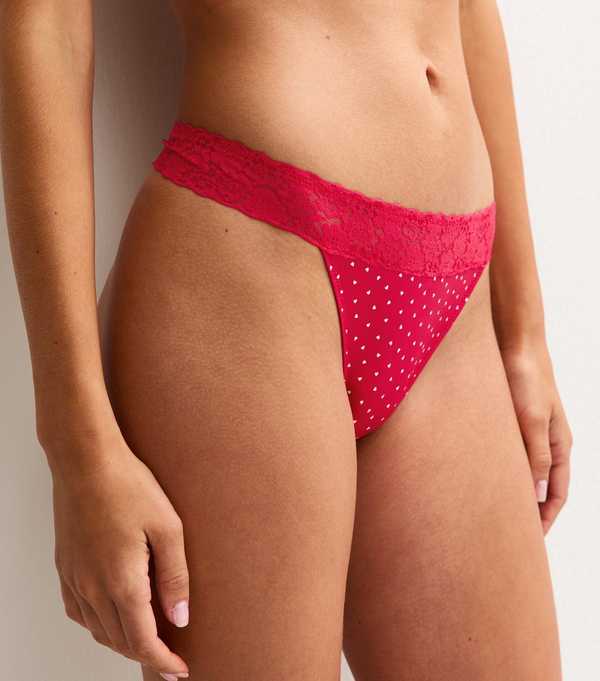 new look Red Heart Print Lace Top Thong