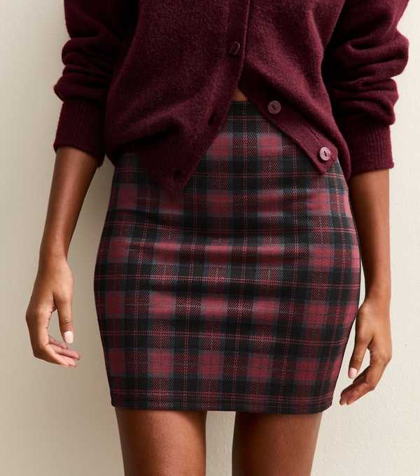 New Look Red Jersey Check Mini Skirt