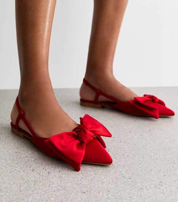 New Look Red Satin Bow Slingback Ballerina Pumps
