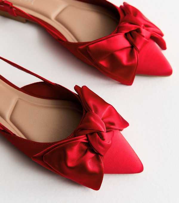 New Look Red Satin Bow Slingback Ballerina Pumps