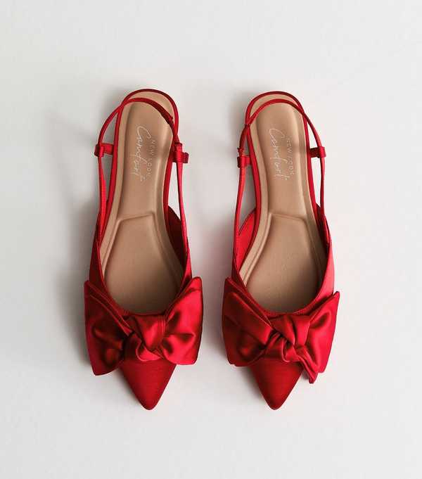 new look Red Satin Bow Slingback Ballerina Pumps
