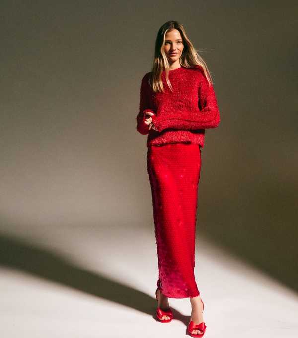 New Look Red Sequin Midi Skirt