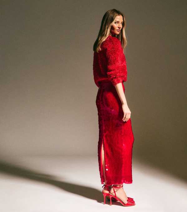 New Look Red Sequin Midi Skirt