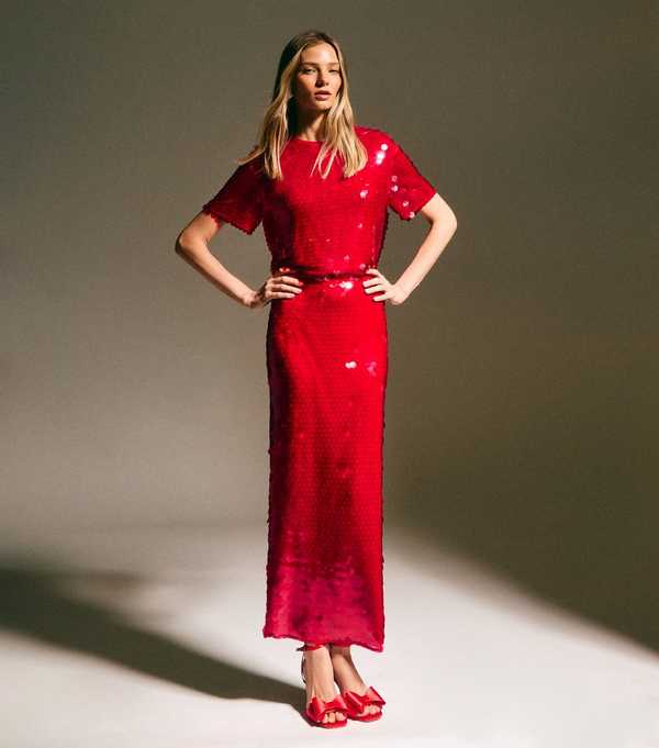 new look Red Sequin Midi Skirt
