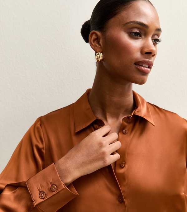New Look Rust Satin Long Sleeve Shirt