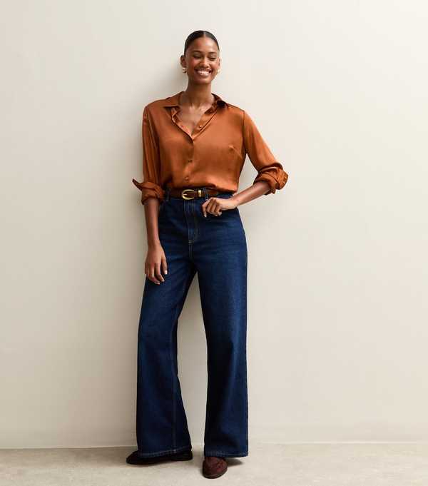 New Look Rust Satin Long Sleeve Shirt