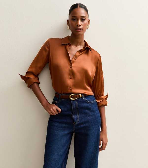 new look Rust Satin Long Sleeve Shirt