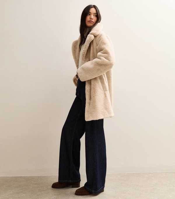 New Look Stone Faux Fur Midi Coat