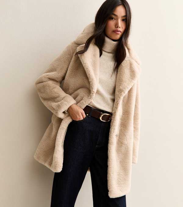 new look Stone Faux Fur Midi Coat