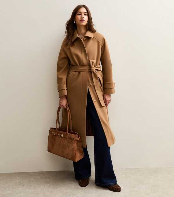 New Look Tan Button Front Belted Midi Coat