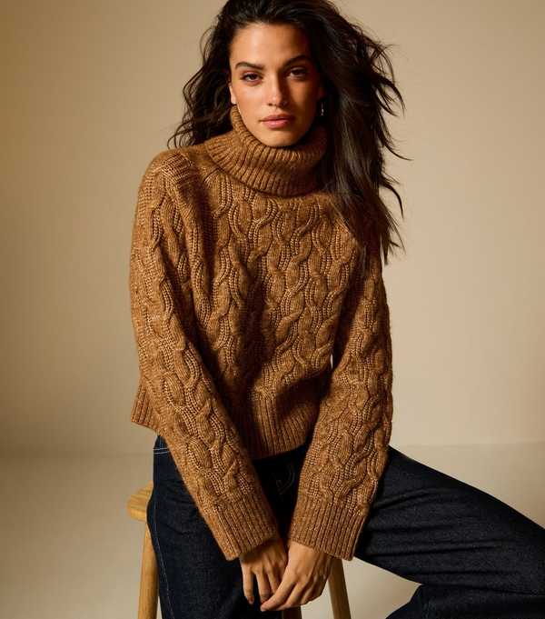 New Look Tan Cable Knit Roll Neck Jumper