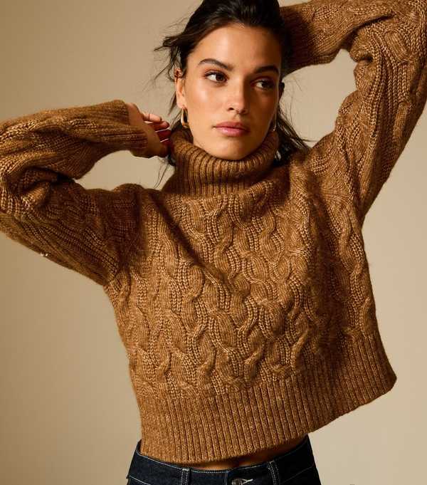 new look Tan Cable Knit Roll Neck Jumper
