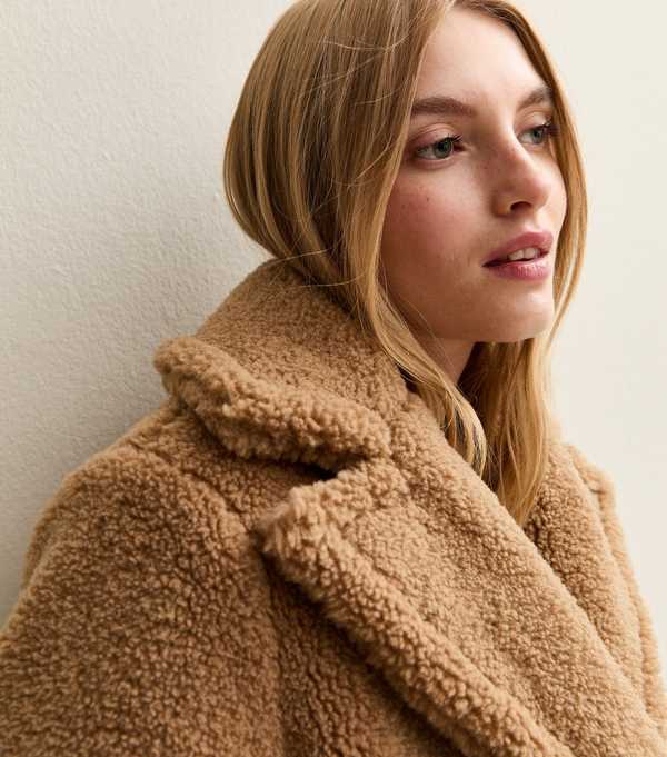 New Look Tan Collared Long Sleeve Borg Coat