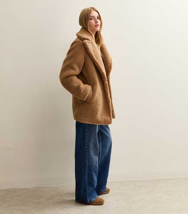 New Look Tan Collared Long Sleeve Borg Coat