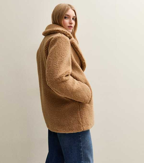 New Look Tan Collared Long Sleeve Borg Coat