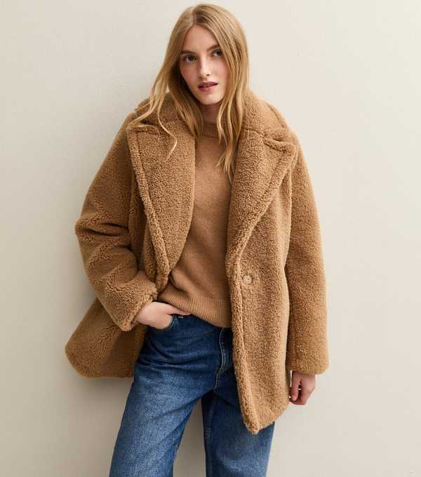 new look Tan Collared Long Sleeve Borg Coat