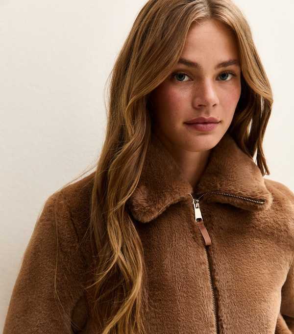 New Look Tan Faux Fur Bomber Jacket
