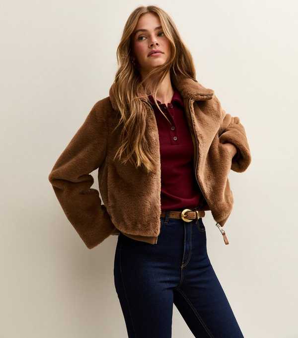 New Look Tan Faux Fur Bomber Jacket