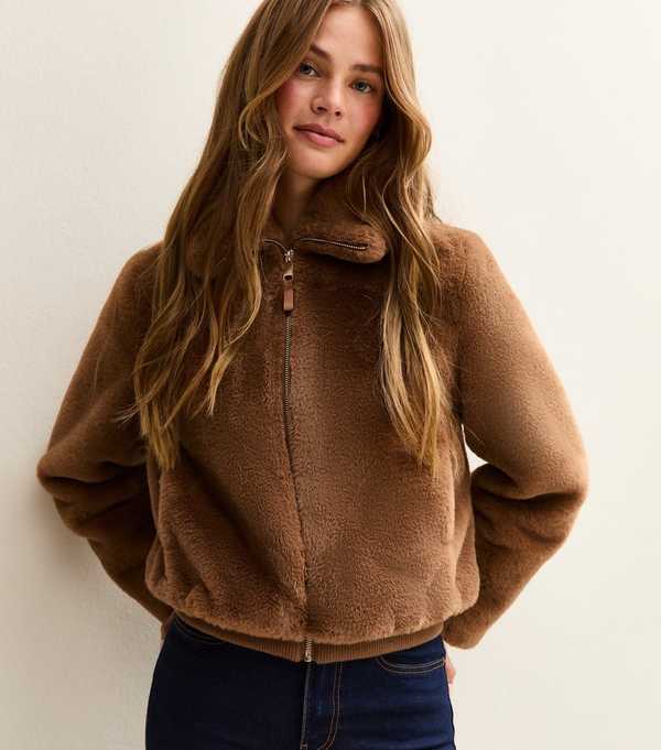 new look Tan Faux Fur Bomber Jacket