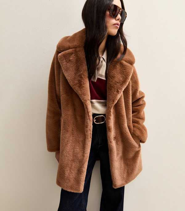 new look Tan Faux Fur Midi Coat