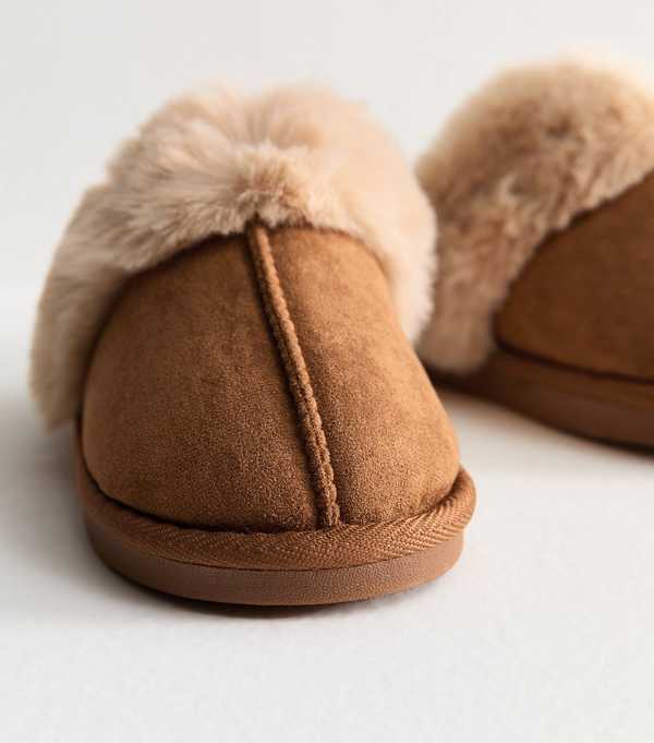 New Look Tan Faux Suede And Faux Fur Trim Slippers
