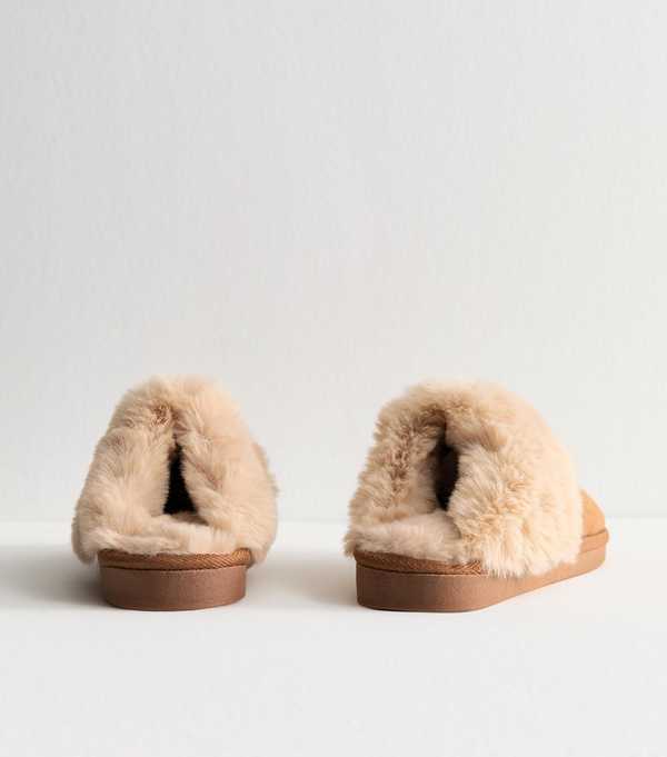 New Look Tan Faux Suede And Faux Fur Trim Slippers