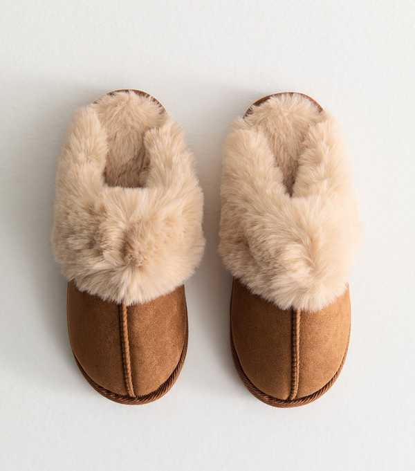 new look Tan Faux Suede and Faux Fur Trim Slippers