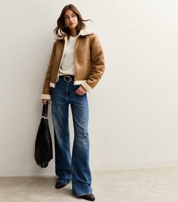 New Look Tan Faux Suede Cropped Aviator Jacket