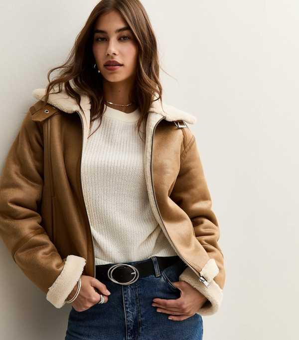 New Look Tan Faux Suede Cropped Aviator Jacket