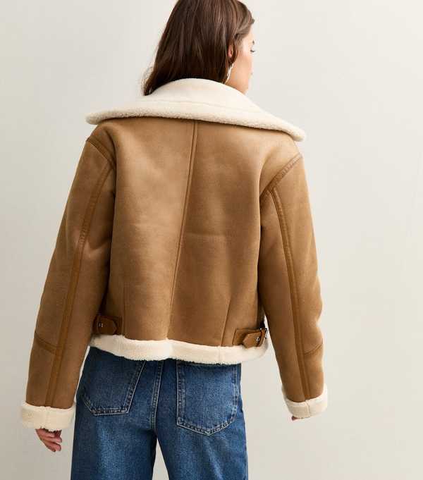 New Look Tan Faux Suede Cropped Aviator Jacket