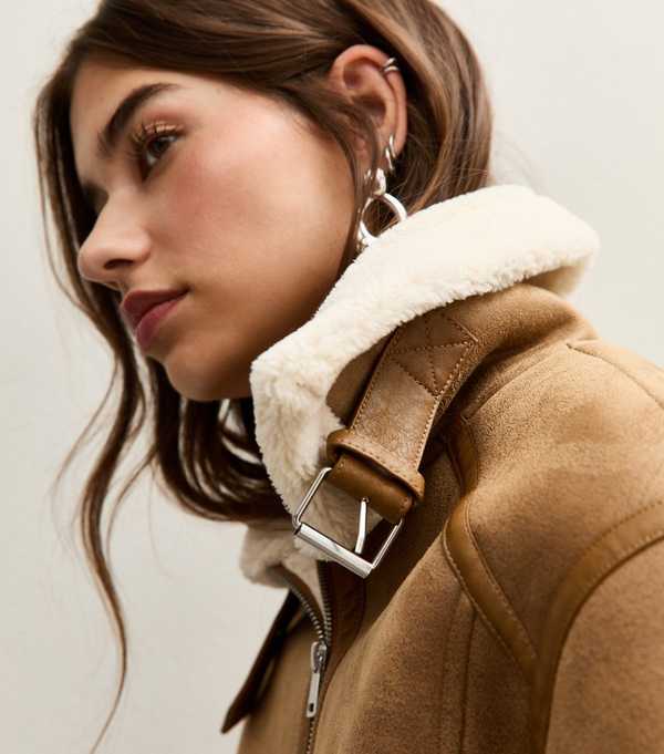 new look Tan Faux Suede Cropped Aviator Jacket
