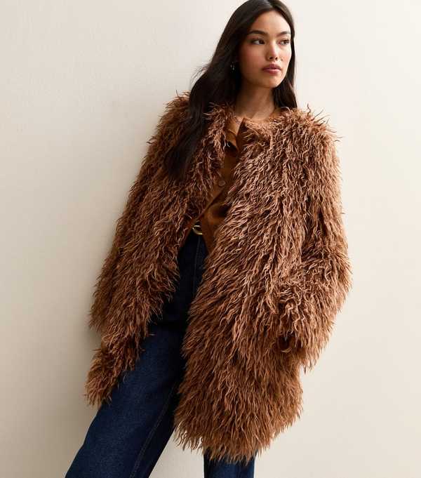 new look Tan Fur Midi Coat