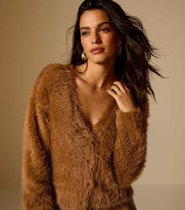New Look Tan Super Fluffy Button Up Cardigan