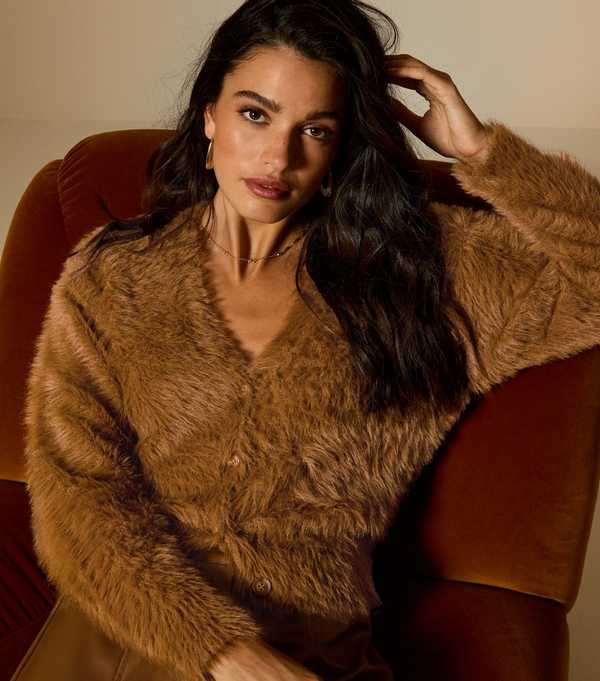 new look Tan Super Fluffy Button Up Cardigan