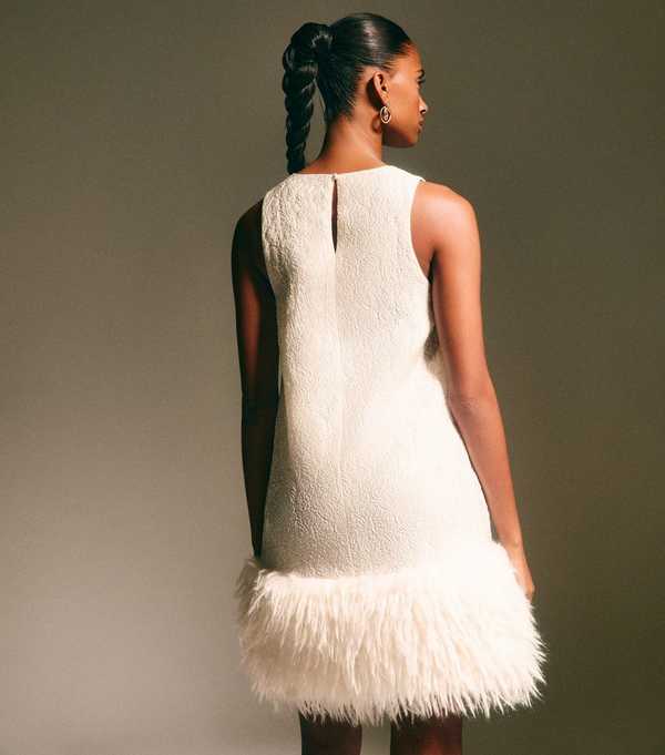 New Look White Jacquard Feather Trim Mini Dress