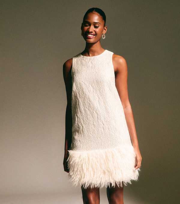 new look White Jacquard Feather Trim Mini Dress