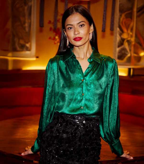 New Look Yumi Green Metallic Relaxed Shirt