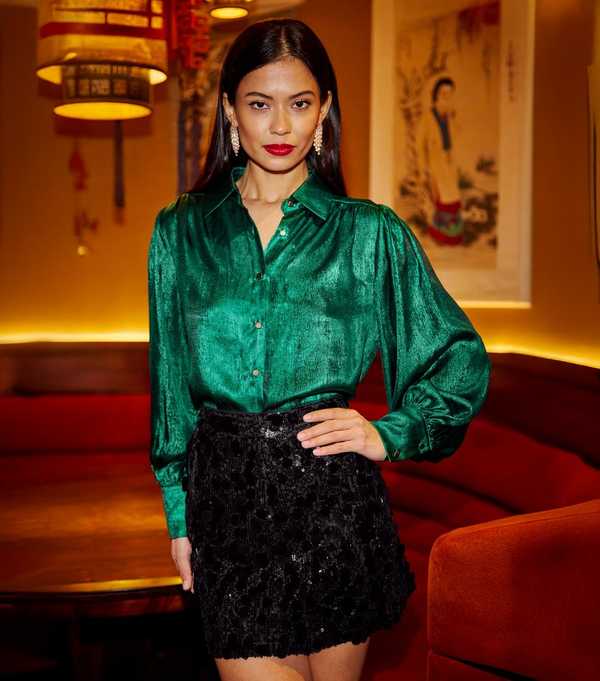 new look Yumi Green Metallic Relaxed Shirt