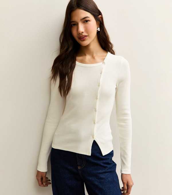 new look Off White Asymmetric Button Long Sleeve Top