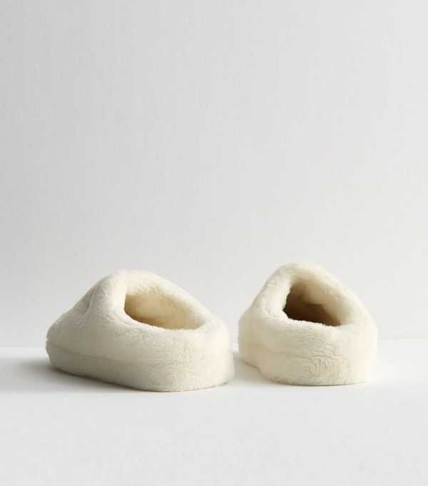 New Look Off White Faux Fur Bow Embroidered Mule Slippers