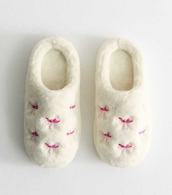 new look Off White Faux Fur Bow Embroidered Mule Slippers