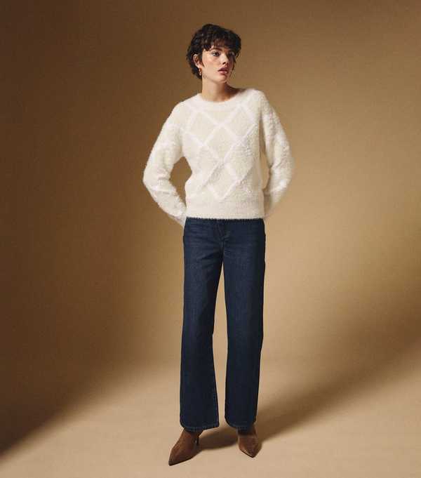New Look Off White Fluffy Knit Diamond Pattern Jumper